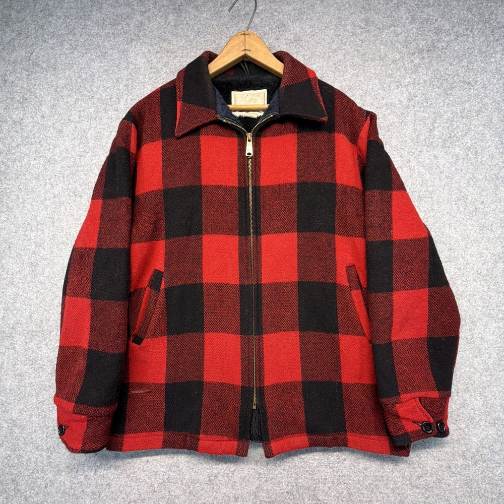 Vintage Woolrich Red Black Buffalo Plaid Wool Fleece Lined Full Zip Jacket Large